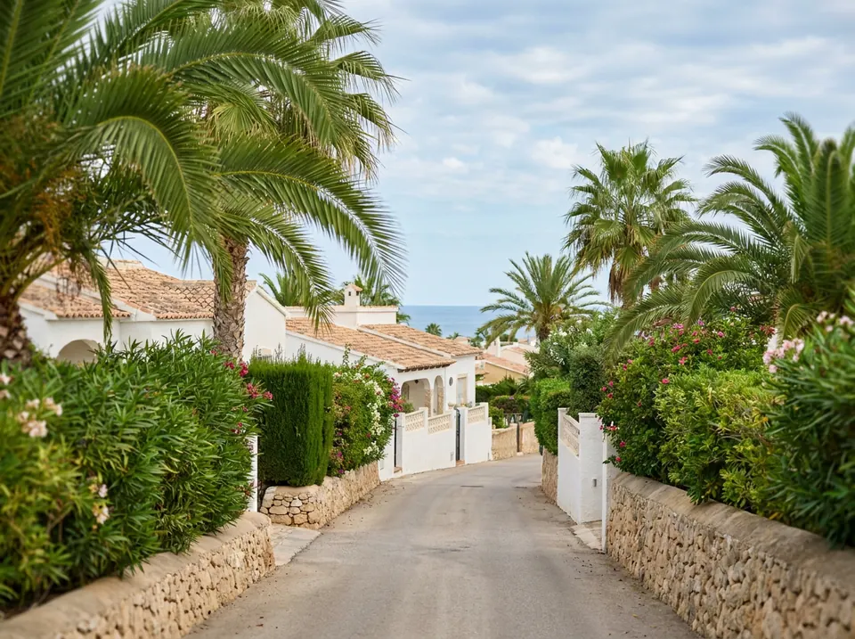 Calle de casas bajas con palmeras cerca del mar